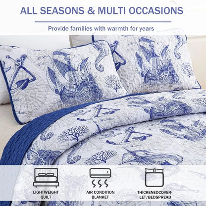 Oceanic Seahorse Haven reversible 3 Piece Bed spread Set - Image 3