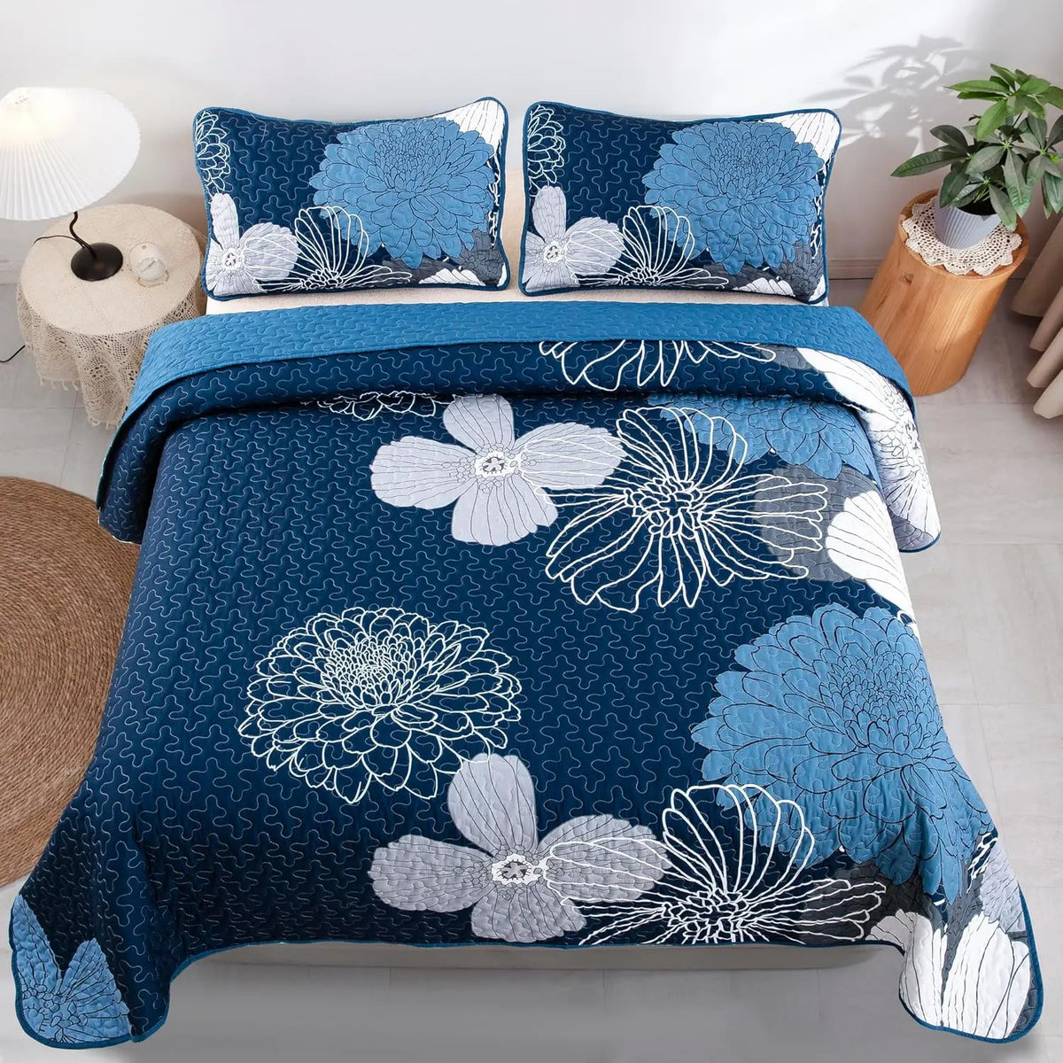 Frosted Magnolia Chic blue 3 Pc Bedspread & Pillow Cover Set - Image 3