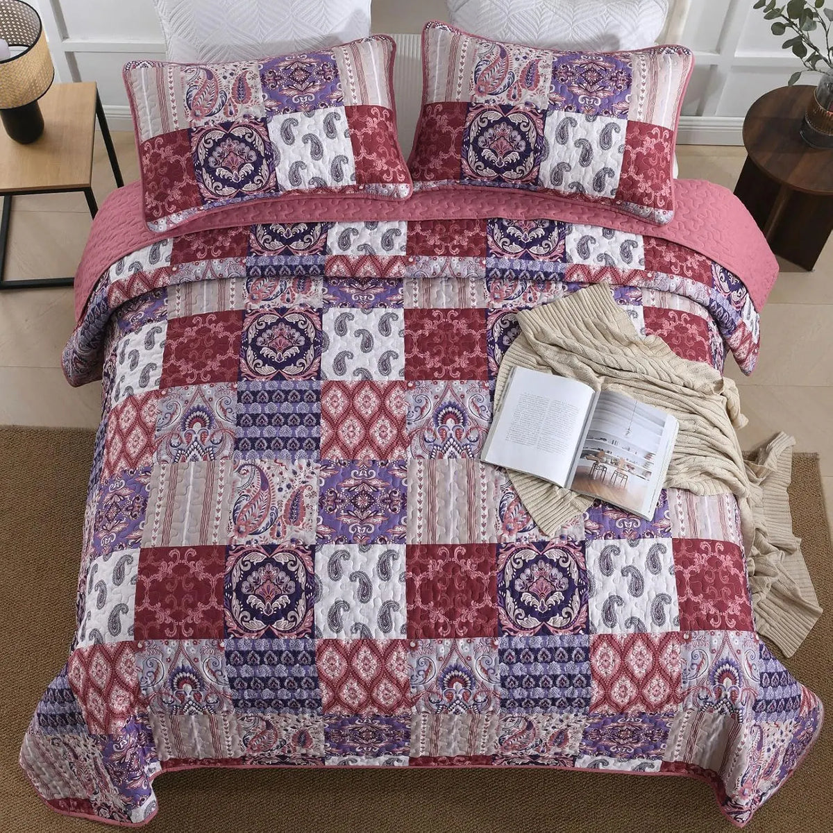 Red Paisley Patchwork Haven Coverlet Bedspread Set - Image 3
