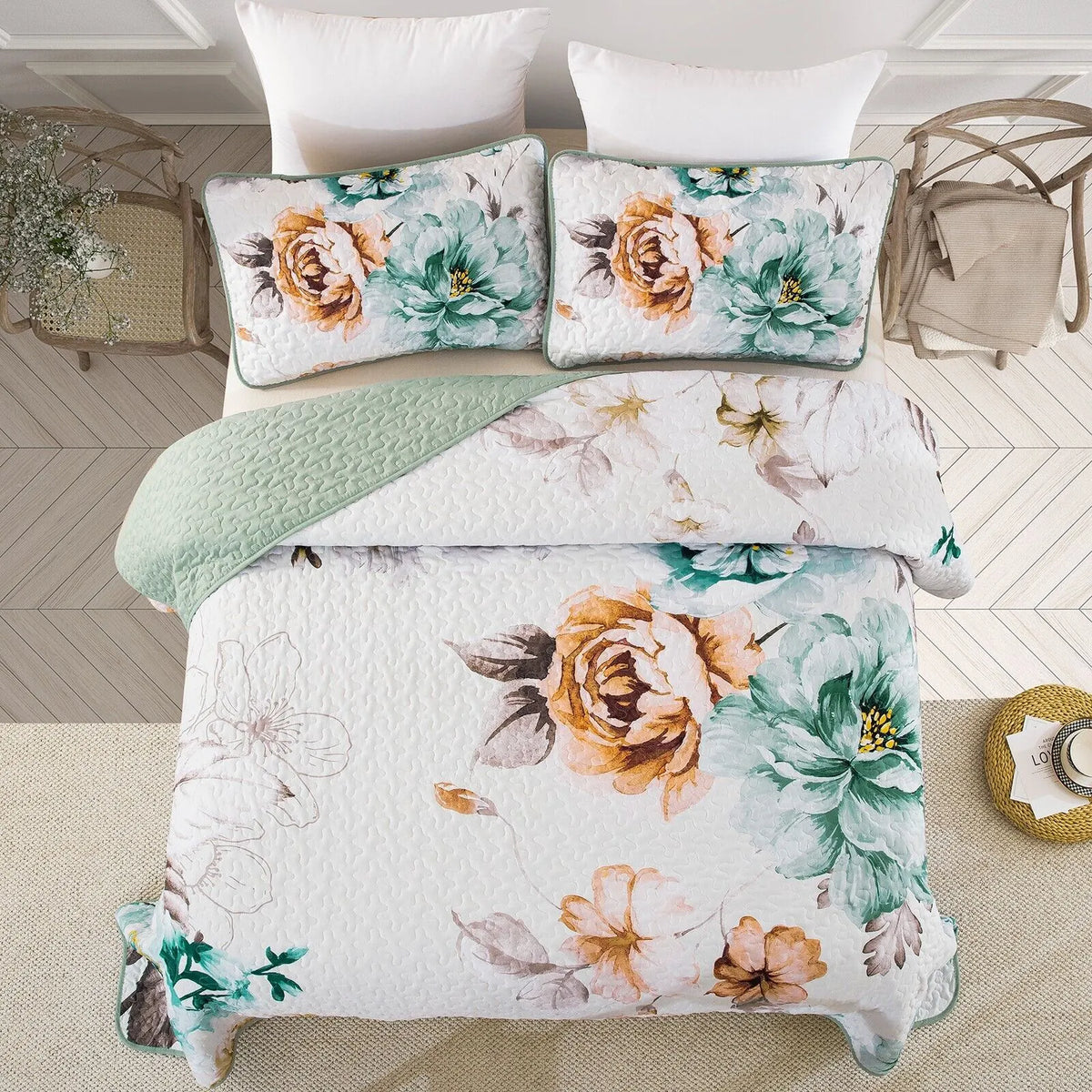 Rustic Farmhouse Chic floral Cozy 3 Pc Bedspread & Pillow Cover Set - Image 6