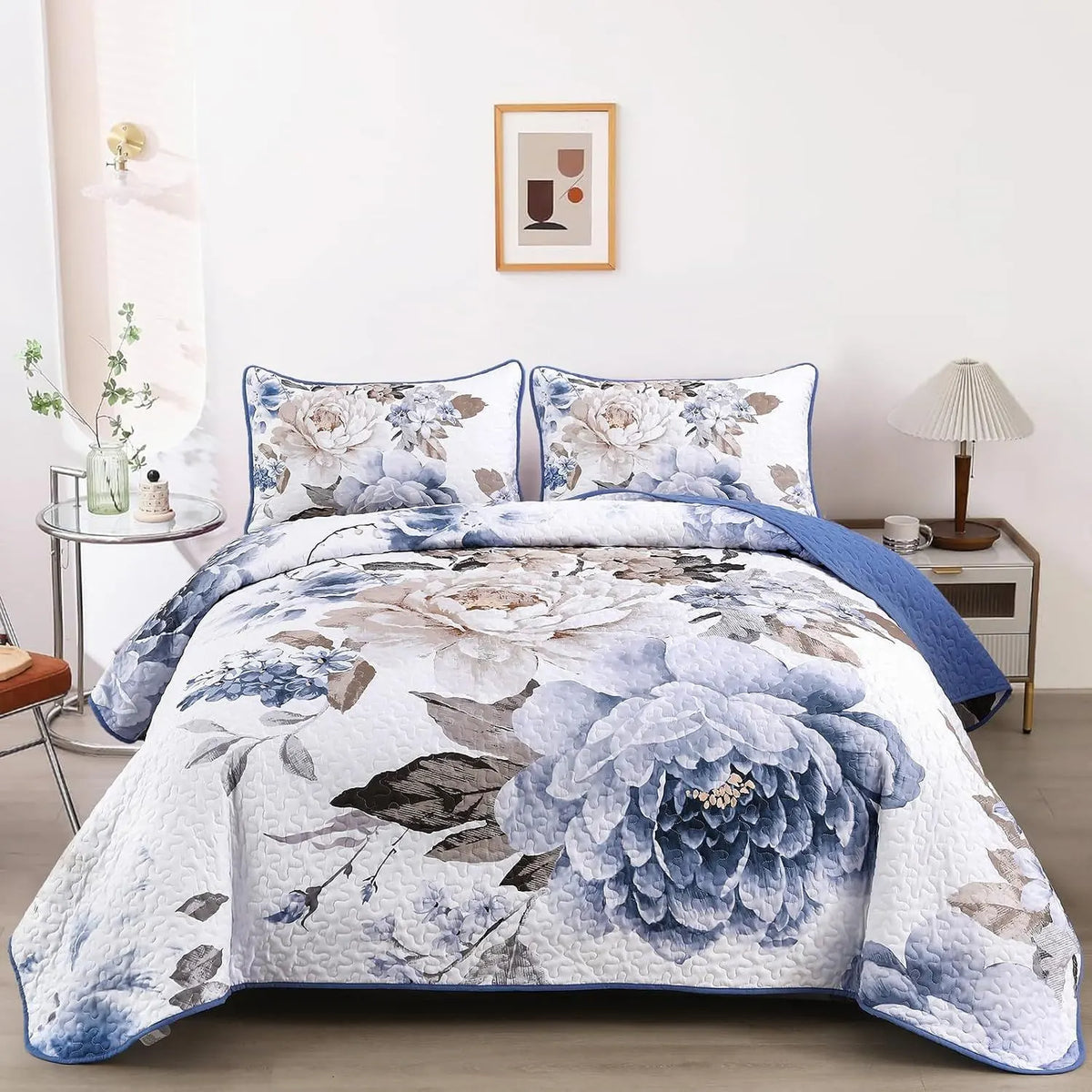 Blue Floral Royale Bedspread Coverlet 3 Piece Set
