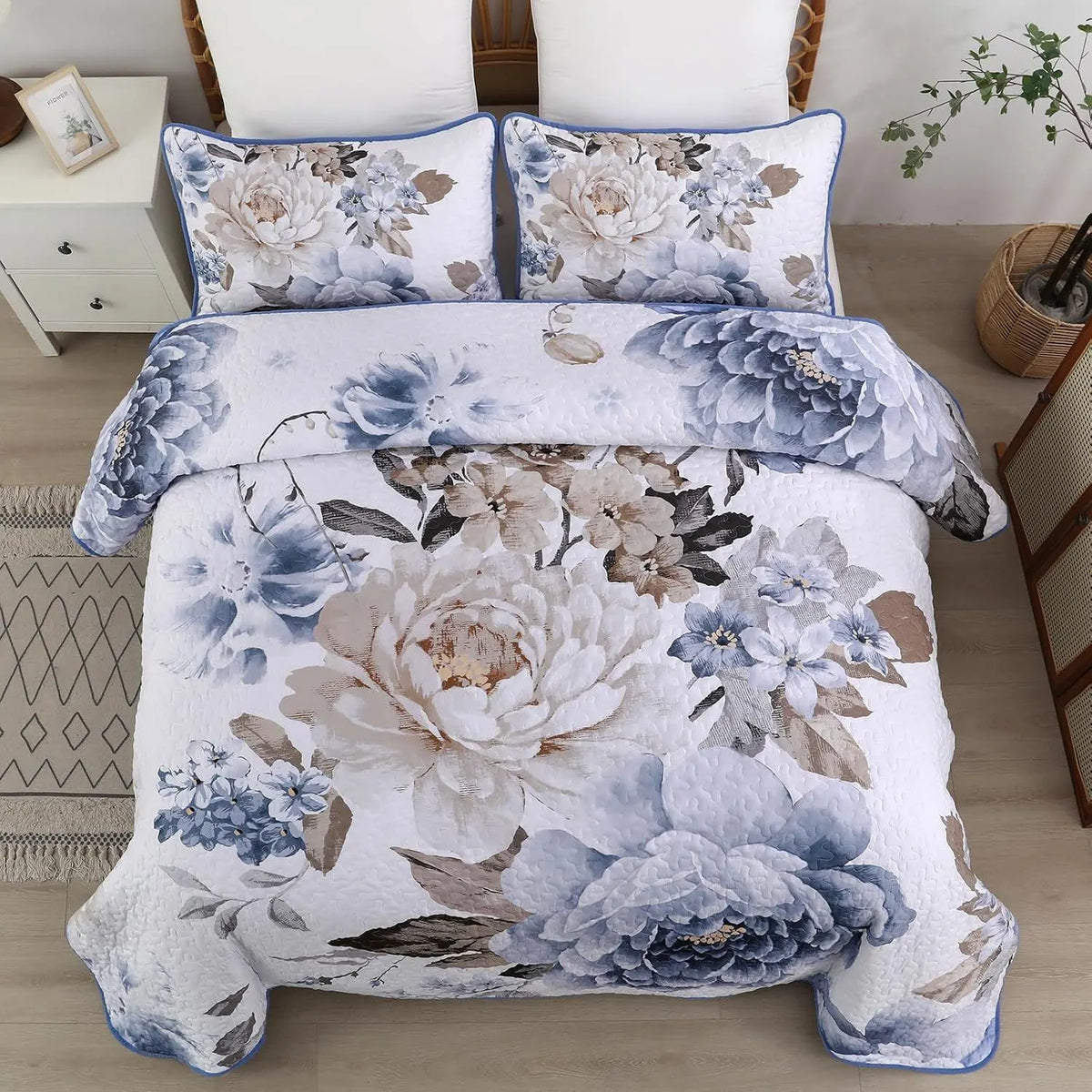 Blue Floral Royale Bedspread Coverlet 3 Piece Set - Image 2