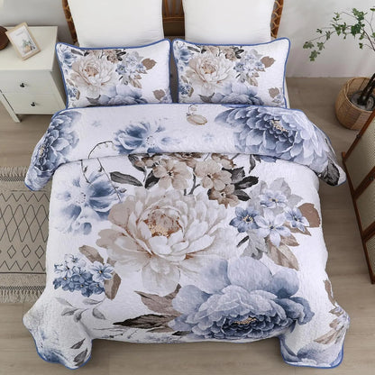 Blue Floral Royale Bedspread Coverlet 3 Piece Set - Image 2