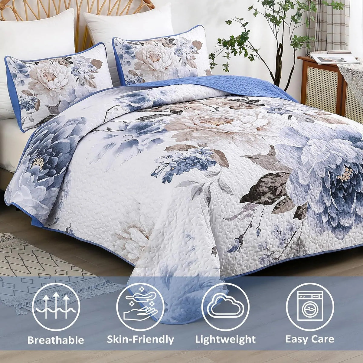 Blue Floral Royale Bedspread Coverlet 3 Piece Set - Image 3
