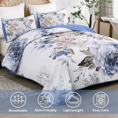 Blue Floral Royale Bedspread Coverlet 3 Piece Set - Image 3