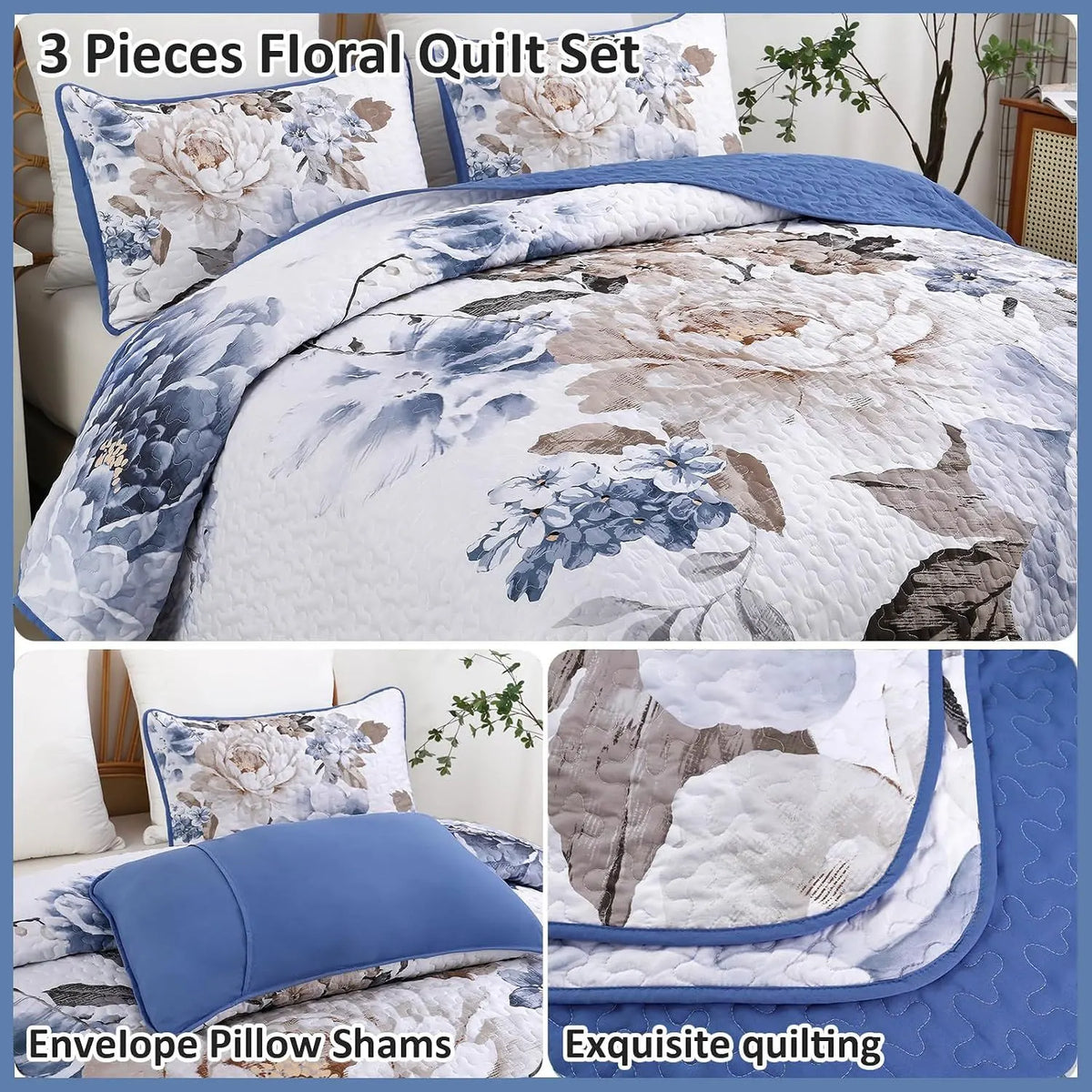 Blue Floral Royale Bedspread Coverlet 3 Piece Set - Image 5