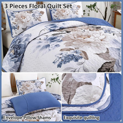 Blue Floral Royale Bedspread Coverlet 3 Piece Set - Image 5