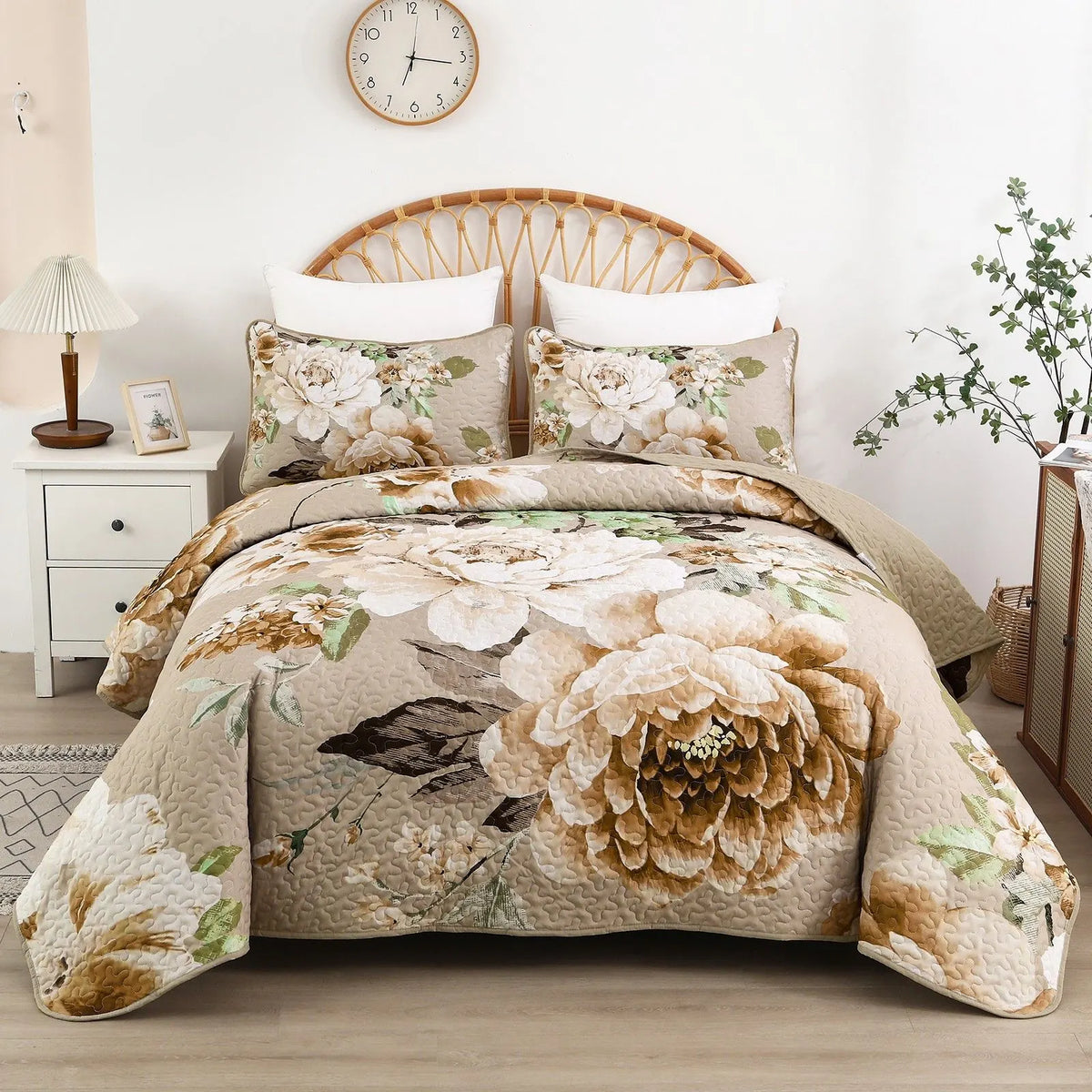 Beige Taupe Grand Floral Bedspread Coverlet 3 Piece Set
