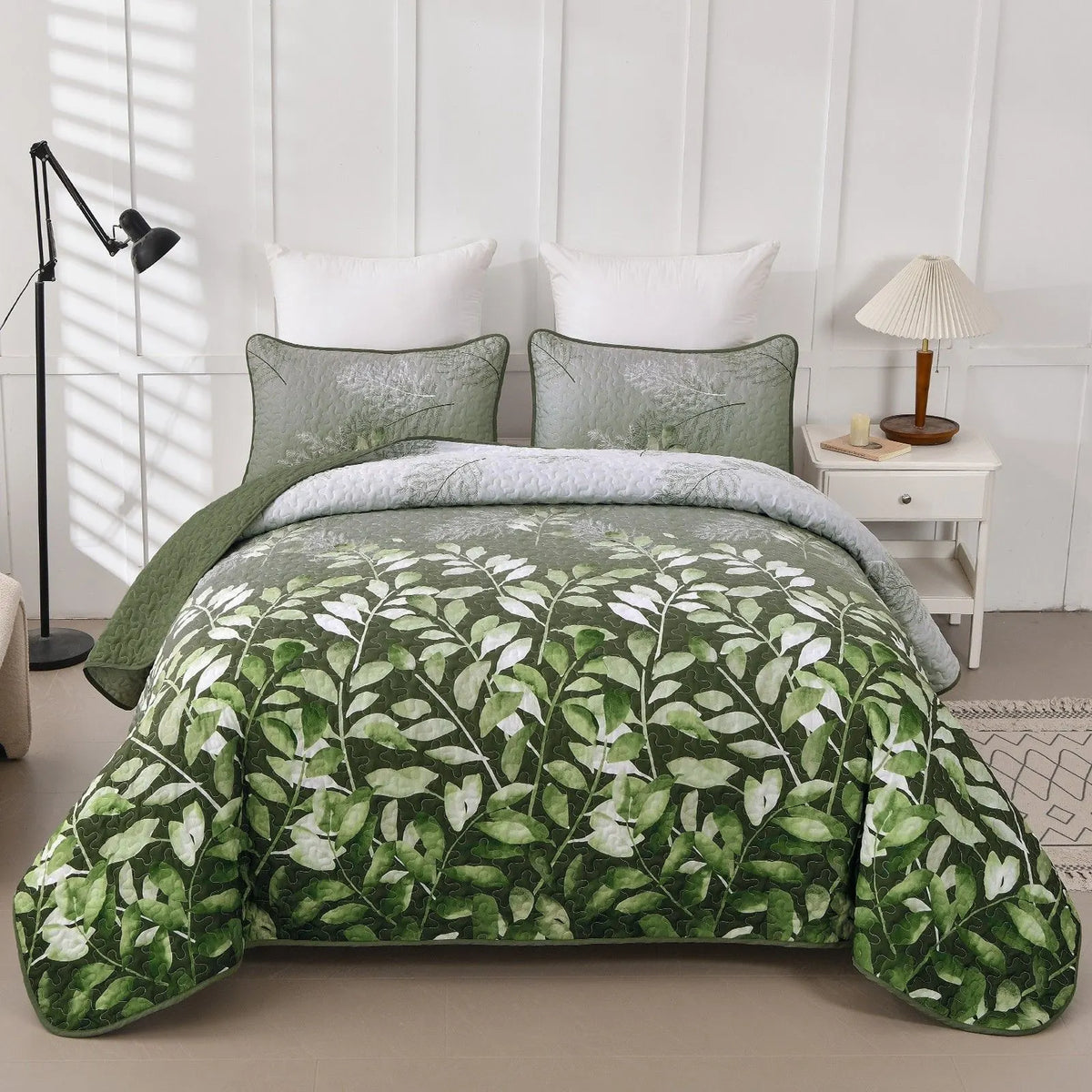 Sage Green Forest  Leaf Bedspread Coverlet 3 Piece Set
