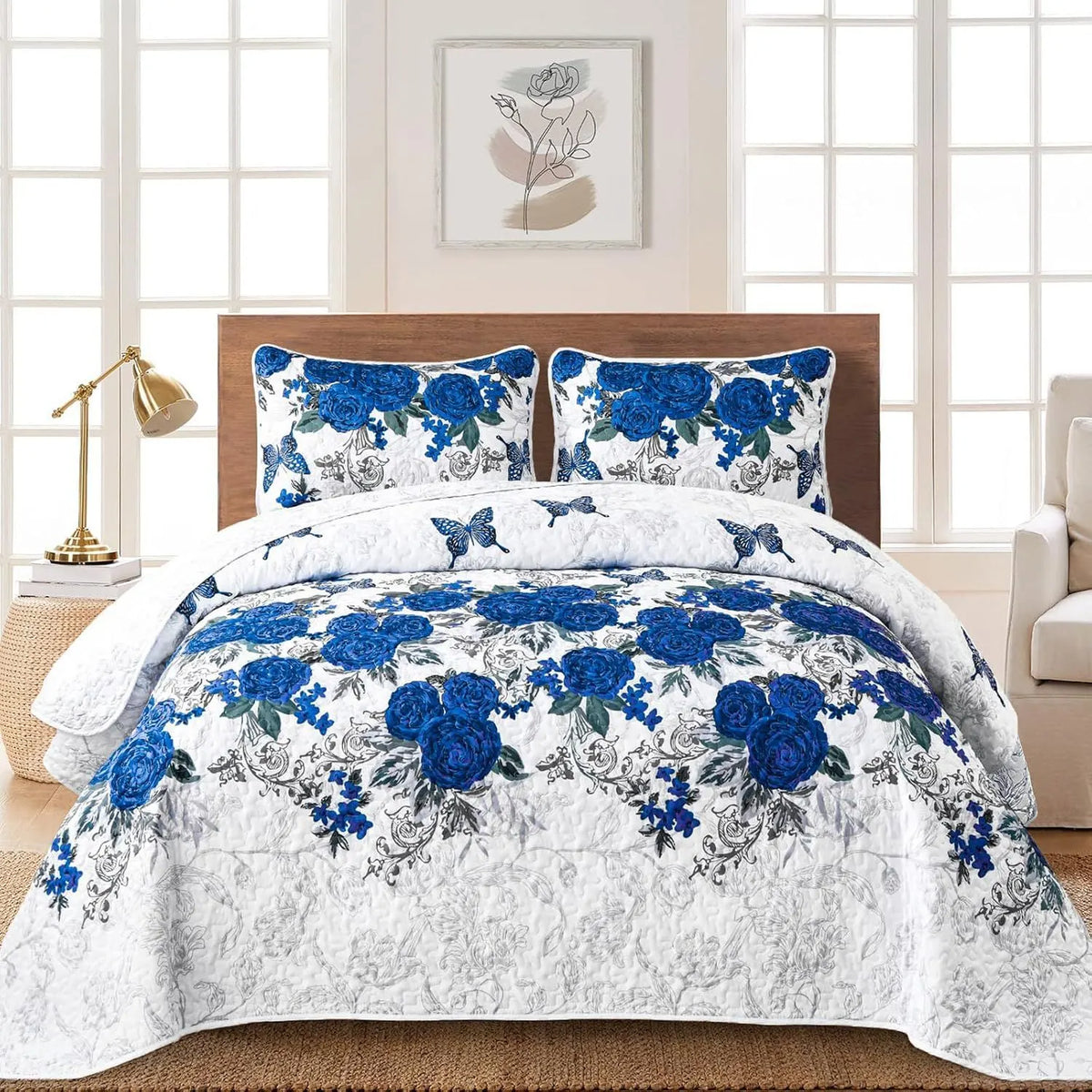 Blue Floral Rose Meadow Bedspread Coverlet 3 Piece Set