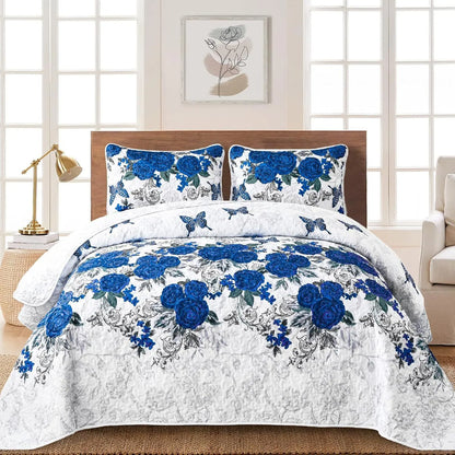 Blue Floral Rose Meadow Bedspread Coverlet 3 Piece Set
