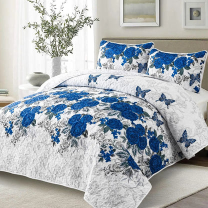 Blue Floral Rose Meadow Bedspread Coverlet 3 Piece Set - Image 2