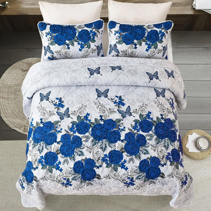 Blue Floral Rose Meadow Bedspread Coverlet 3 Piece Set - Image 3