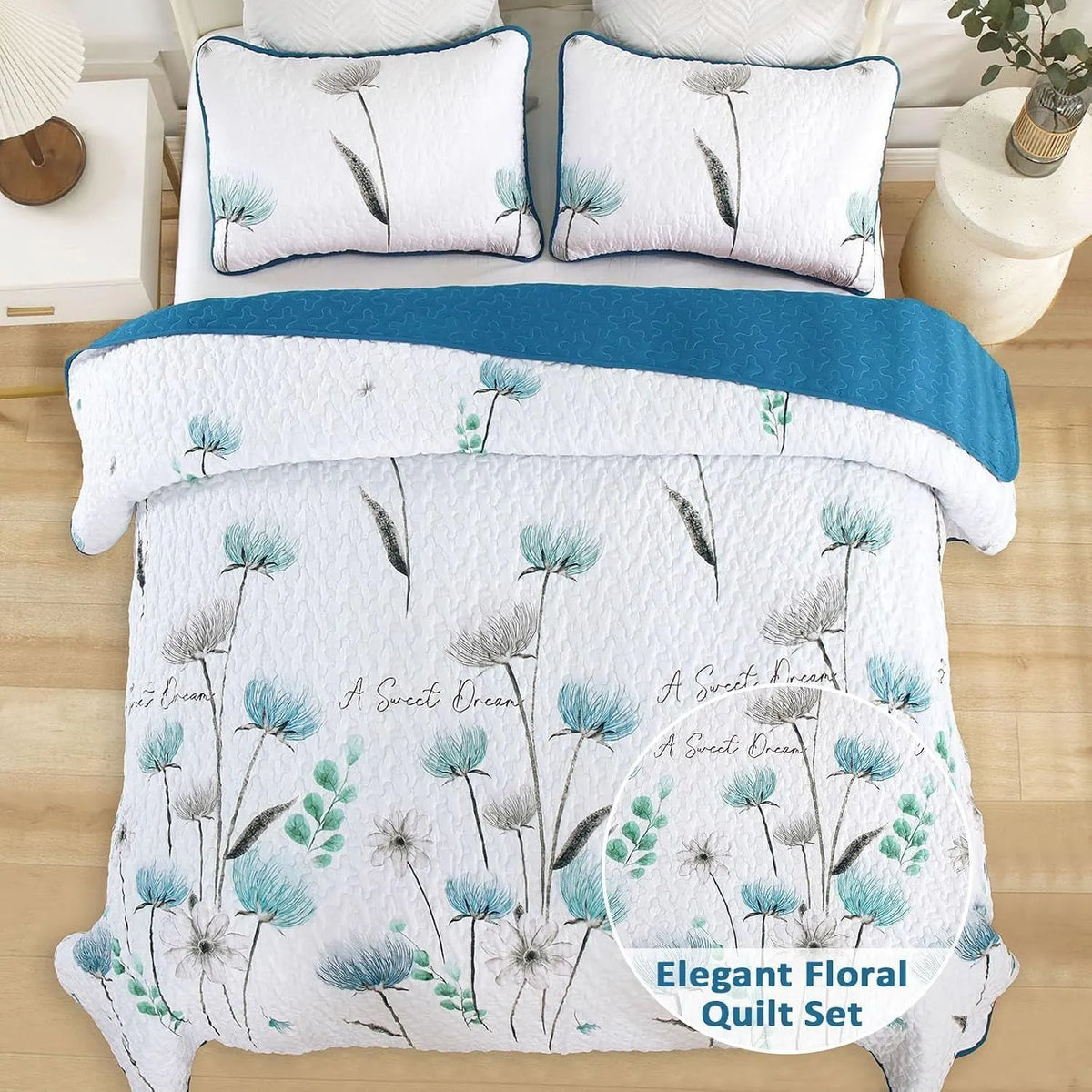 Teal Floral Dream Bedspread Coverlet 3 Piece Set - Image 2