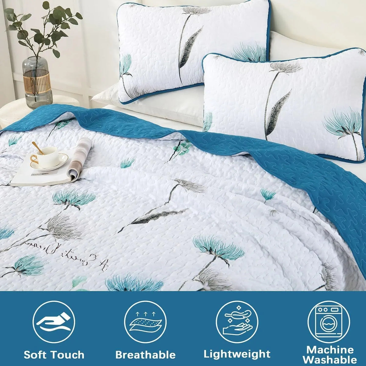 Teal Floral Dream Bedspread Coverlet 3 Piece Set - Image 3