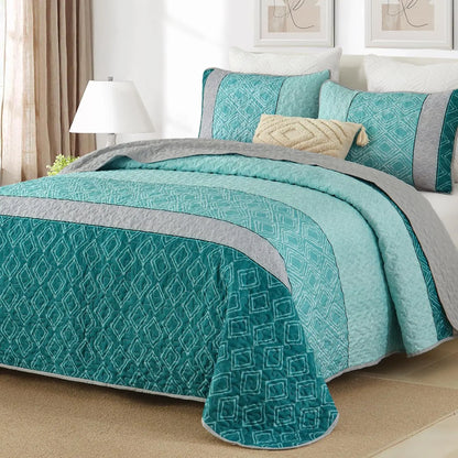 Teal Plaid Boho Mosaic Bedspread Coverlet 3 Piece Set