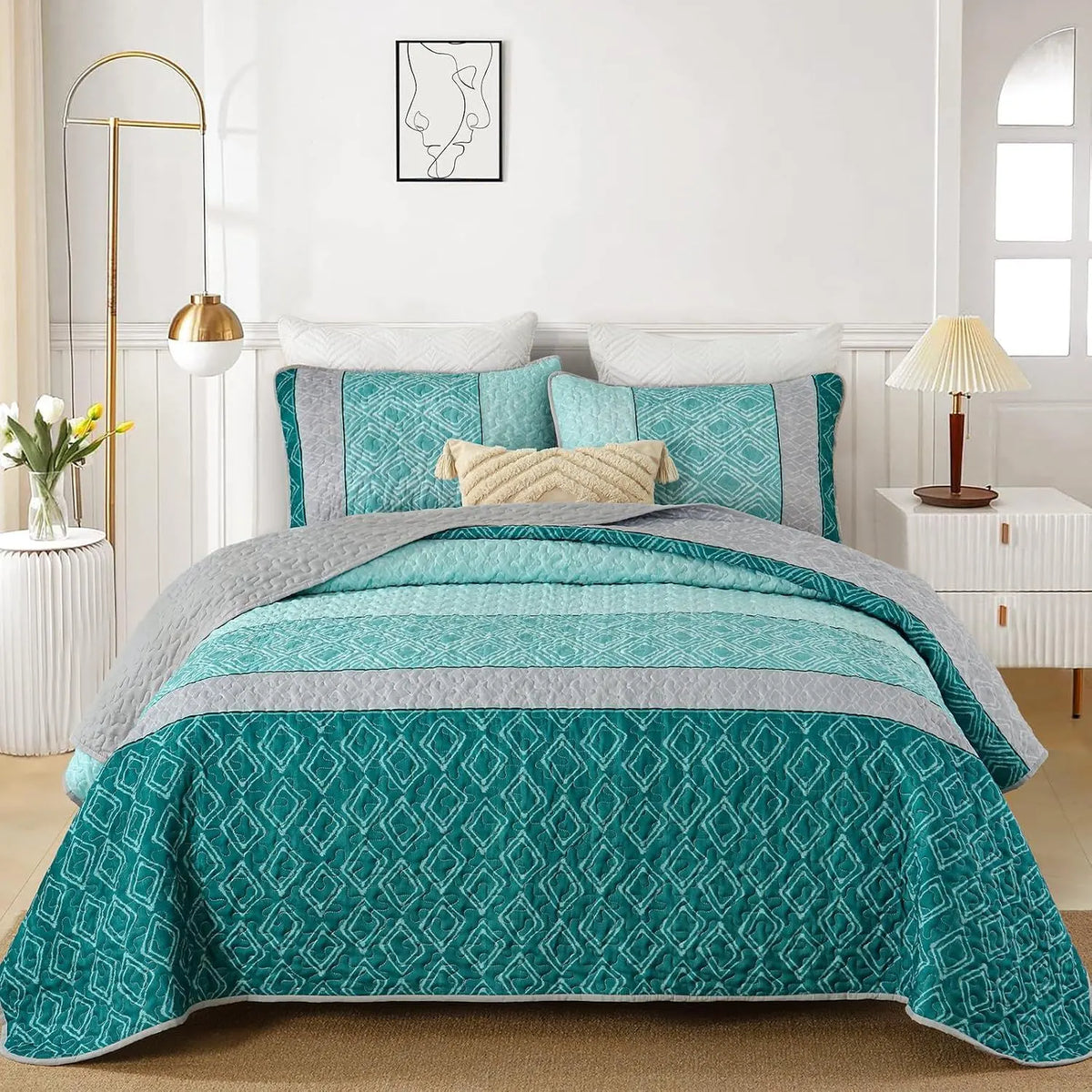 Teal Plaid Boho Mosaic Bedspread Coverlet 3 Piece Set - Image 2