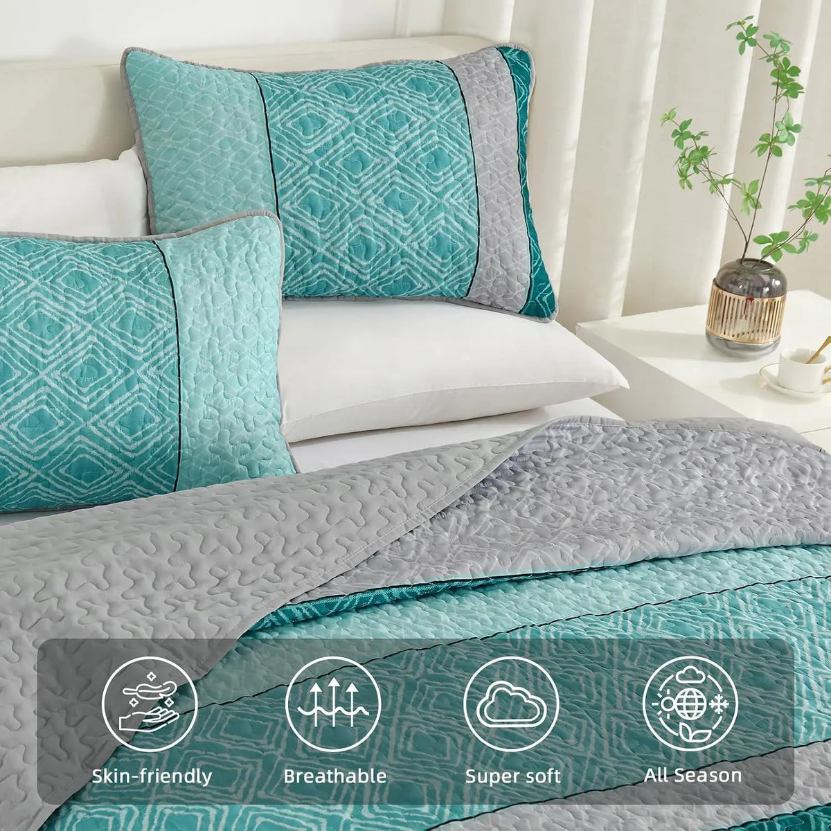 Teal Plaid Boho Mosaic Bedspread Coverlet 3 Piece Set - Image 3