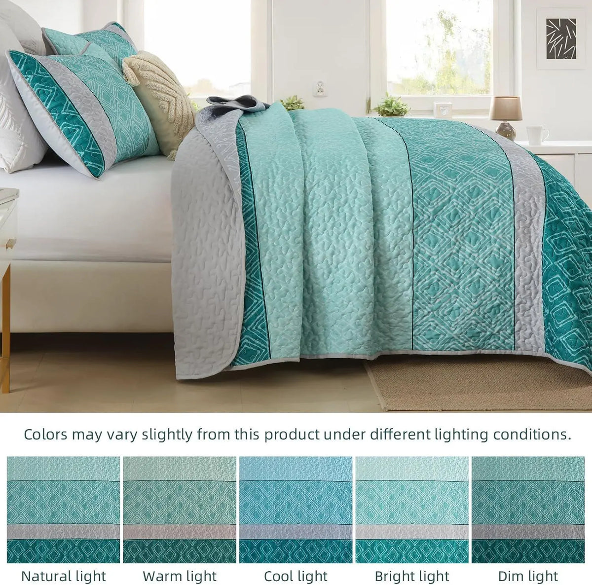 Teal Plaid Boho Mosaic Bedspread Coverlet 3 Piece Set - Image 4