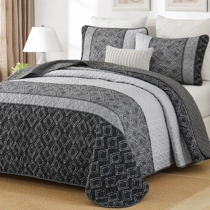 Grey Stripe Plaid Dream Bedspread Coverlet 3 Piece Set