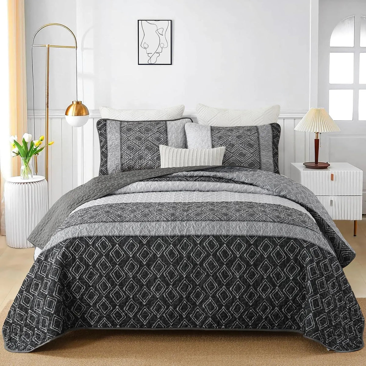 Grey Stripe Plaid Dream Bedspread Coverlet 3 Piece Set - Image 2