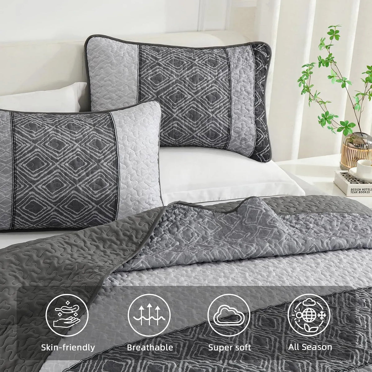 Grey Stripe Plaid Dream Bedspread Coverlet 3 Piece Set - Image 3