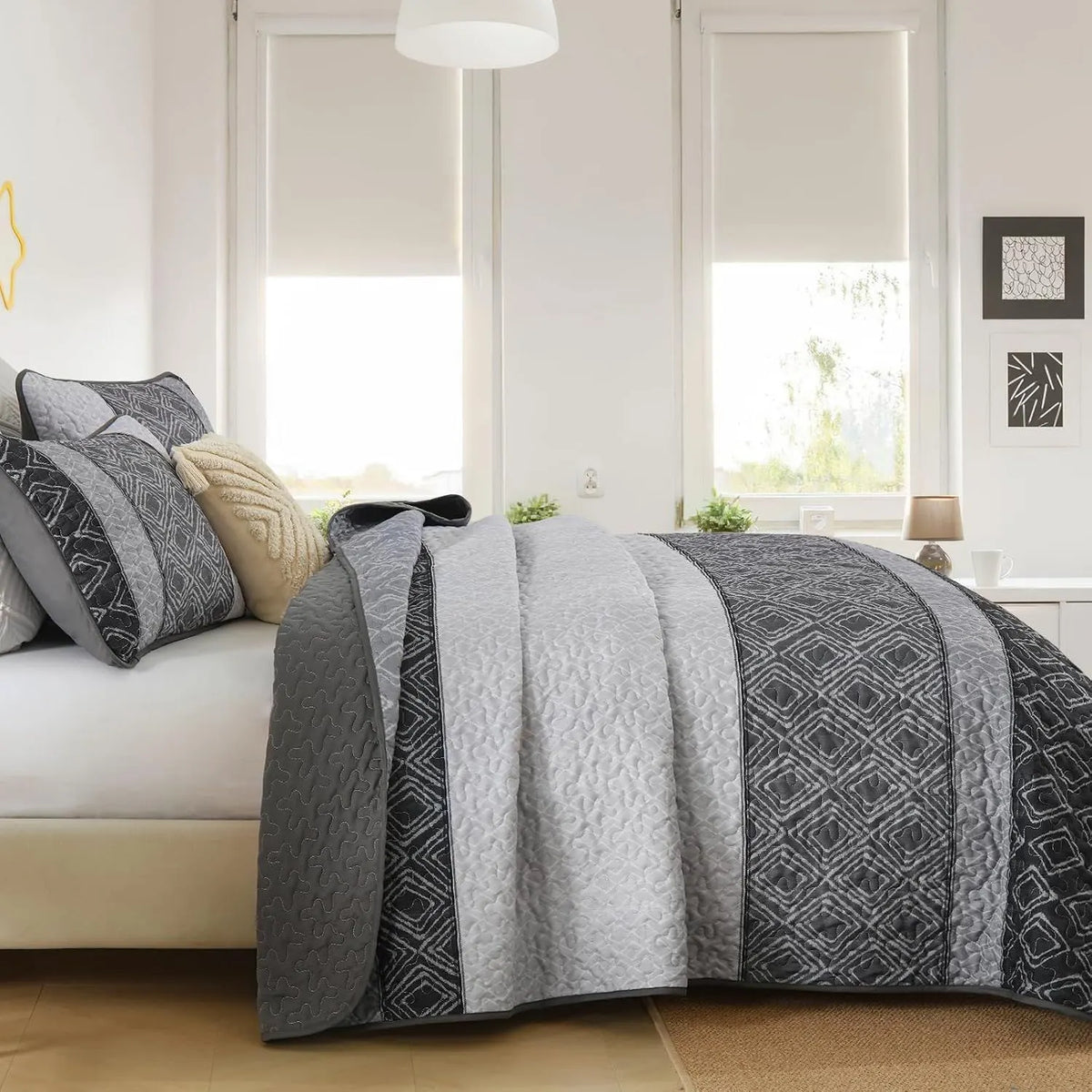 Grey Stripe Plaid Dream Bedspread Coverlet 3 Piece Set - Image 4