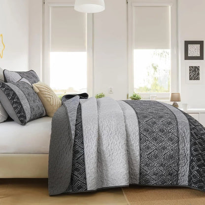 Grey Stripe Plaid Dream Bedspread Coverlet 3 Piece Set - Image 4