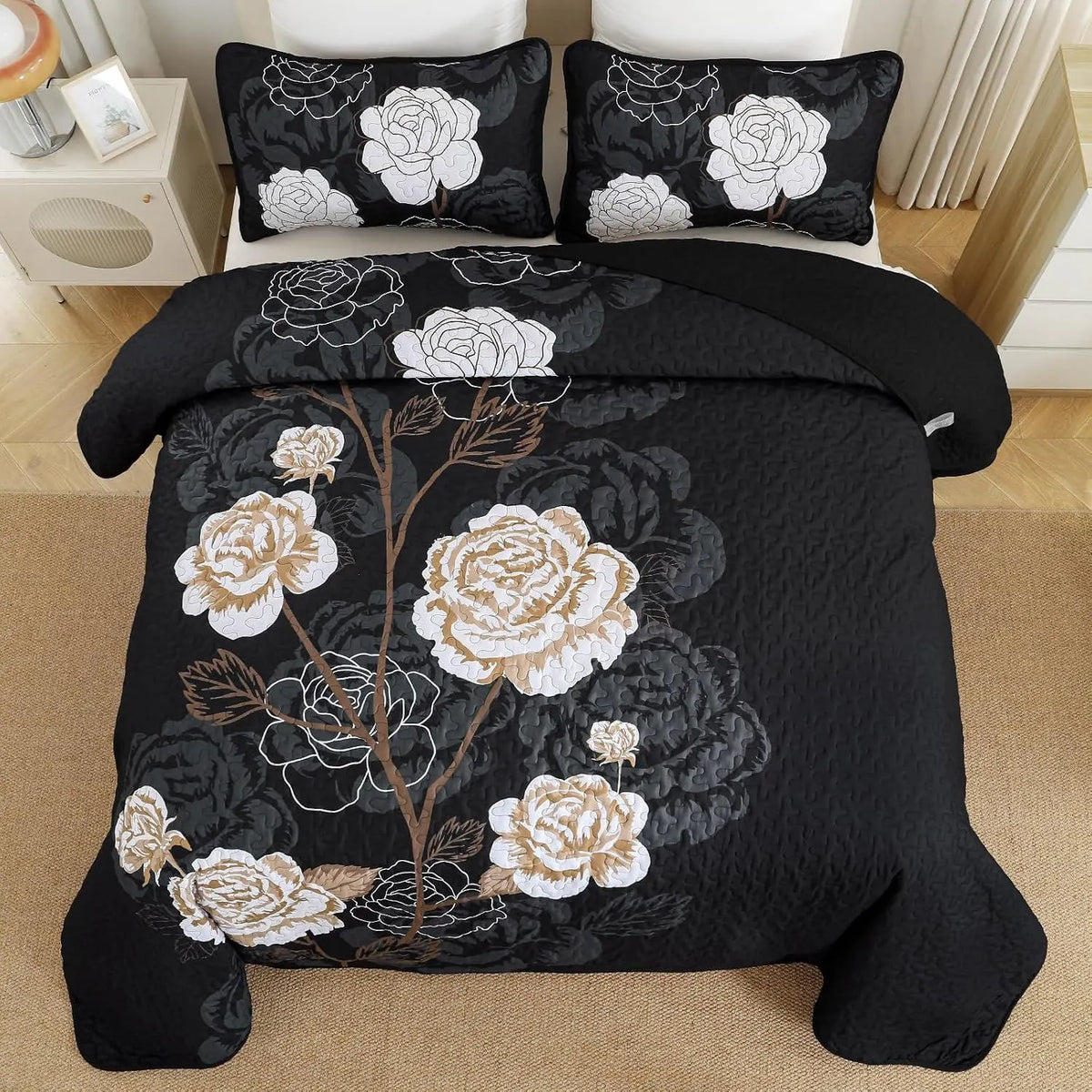 Black Floral Aura Bedspread Coverlet 3 Piece Set - Image 3