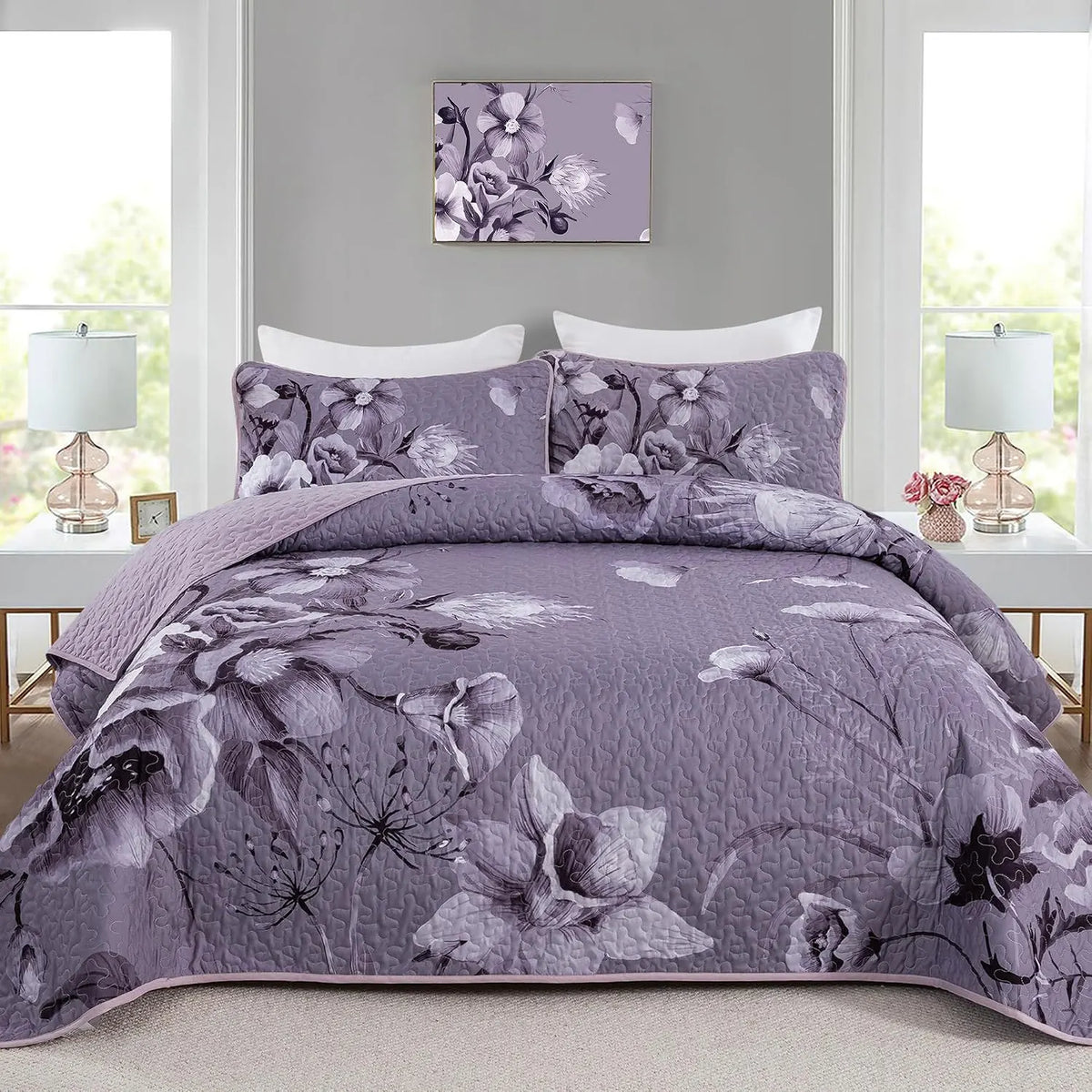 Dark Purple Floral Boho Serenity Bedspread Coverlet 3 Piece Set