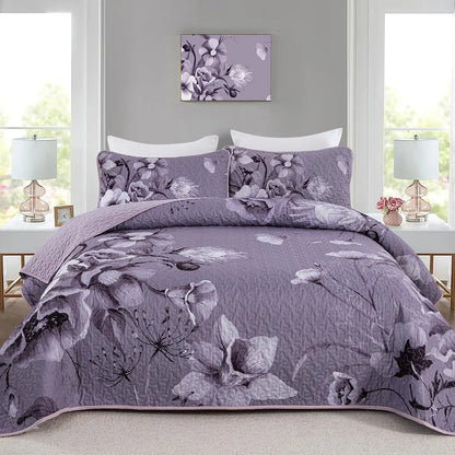 Dark Purple Floral Boho Serenity Bedspread Coverlet 3 Piece Set