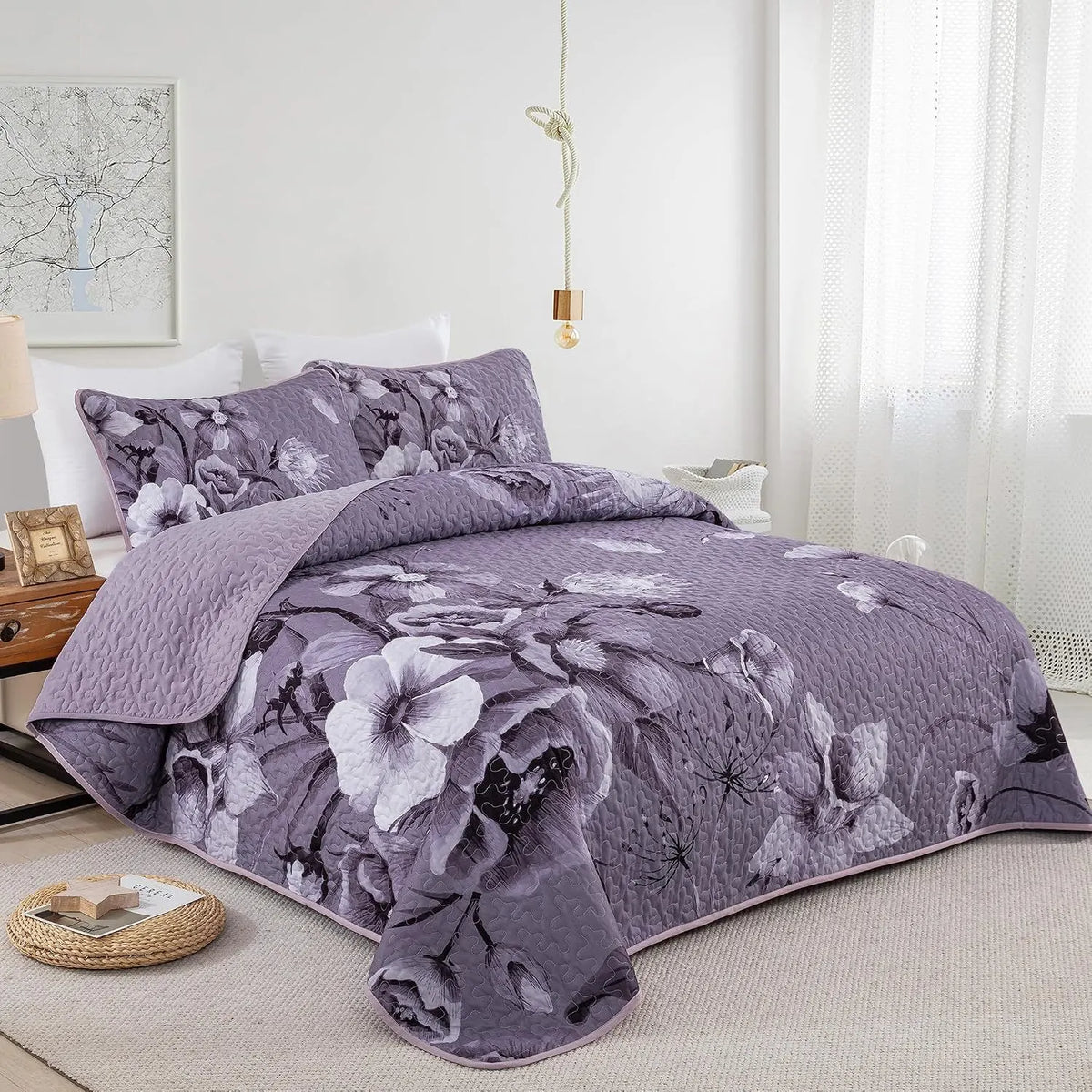 Dark Purple Floral Boho Serenity Bedspread Coverlet 3 Piece Set - Image 2