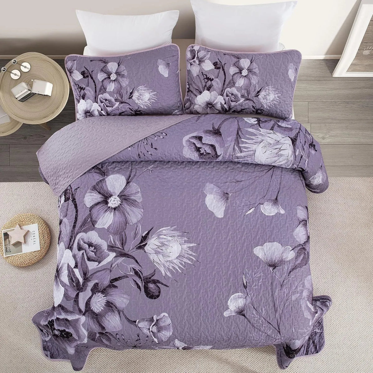 Dark Purple Floral Boho Serenity Bedspread Coverlet 3 Piece Set - Image 3