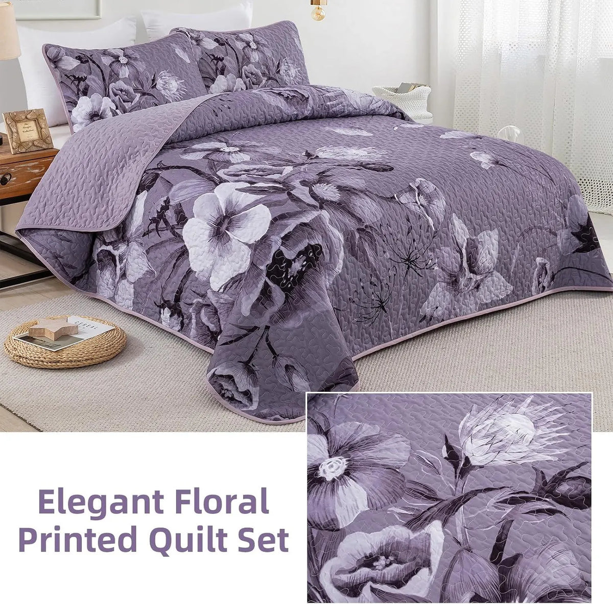 Dark Purple Floral Boho Serenity Bedspread Coverlet 3 Piece Set - Image 4