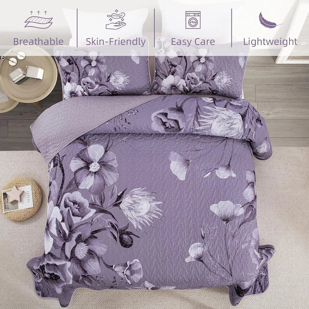 Dark Purple Floral Boho Serenity Bedspread Coverlet 3 Piece Set - Image 5