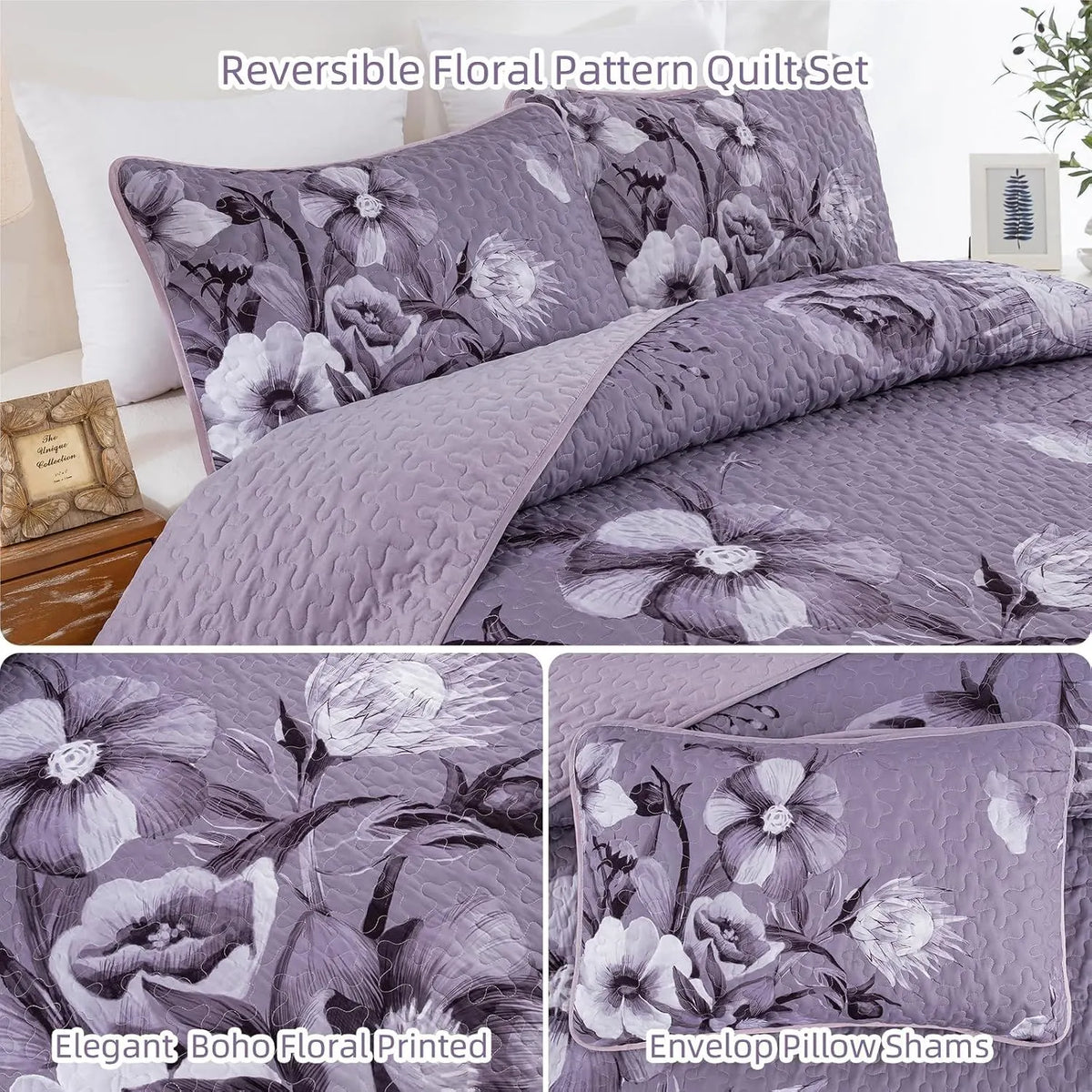 Dark Purple Floral Boho Serenity Bedspread Coverlet 3 Piece Set - Image 6
