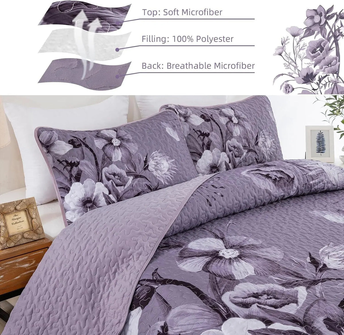 Dark Purple Floral Boho Serenity Bedspread Coverlet 3 Piece Set - Image 7