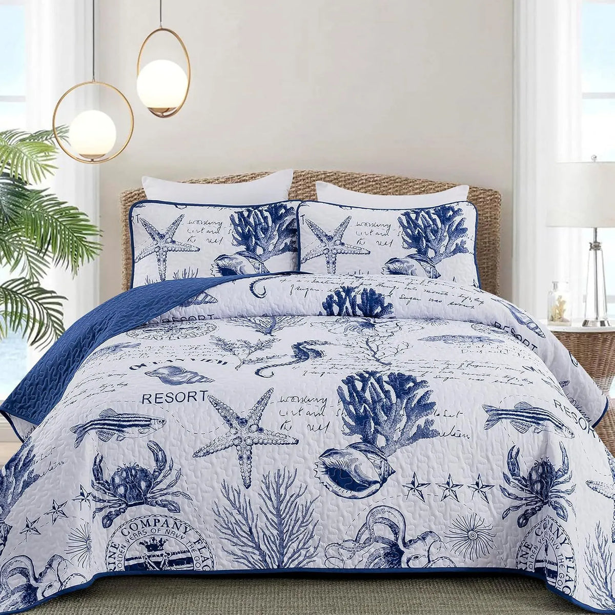 Navy Blue Coastal Aura Bedspread Coverlet 3 Piece Set