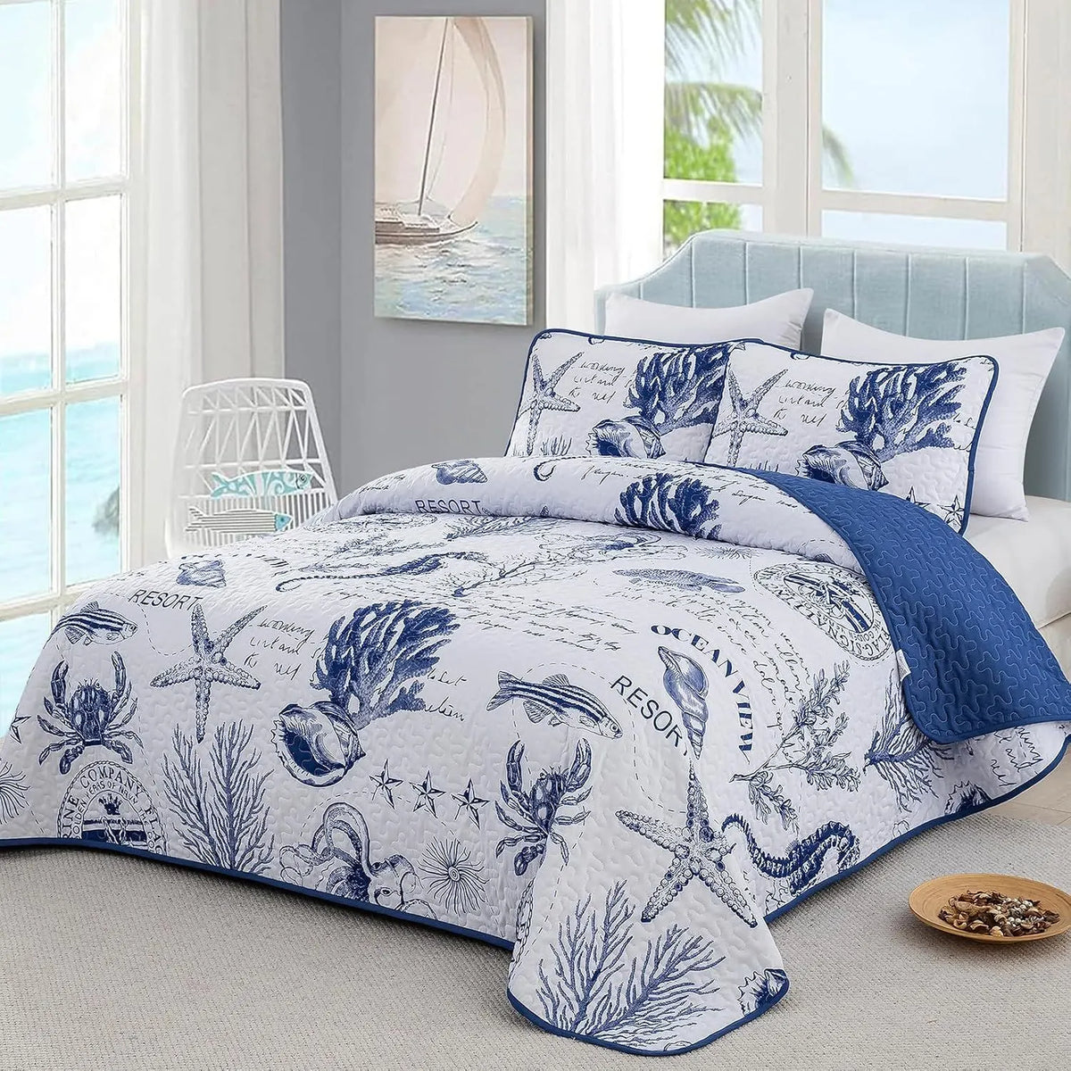 Navy Blue Coastal Aura Bedspread Coverlet 3 Piece Set - Image 2