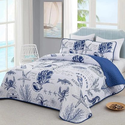 Navy Blue Coastal Aura Bedspread Coverlet 3 Piece Set - Image 2