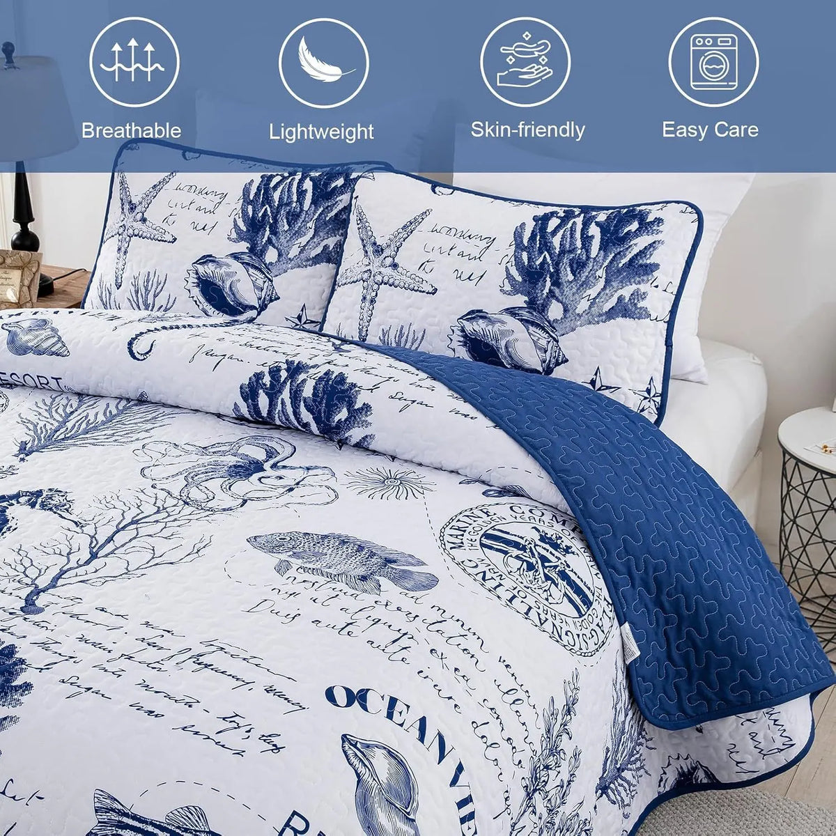 Navy Blue Coastal Aura Bedspread Coverlet 3 Piece Set - Image 3
