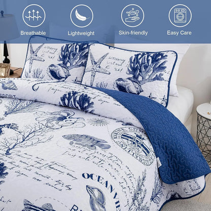 Navy Blue Coastal Aura Bedspread Coverlet 3 Piece Set - Image 3