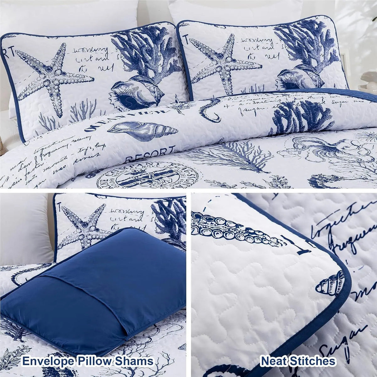 Navy Blue Coastal Aura Bedspread Coverlet 3 Piece Set - Image 5