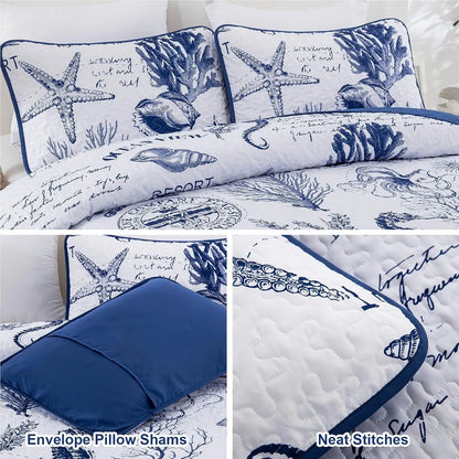 Navy Blue Coastal Aura Bedspread Coverlet 3 Piece Set - Image 5