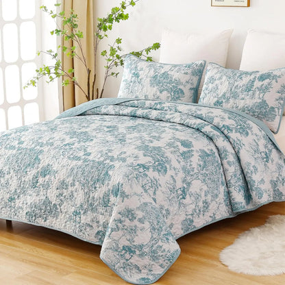Blue Floral Botanical Serenity Bedspread Coverlet 3 Piece Set