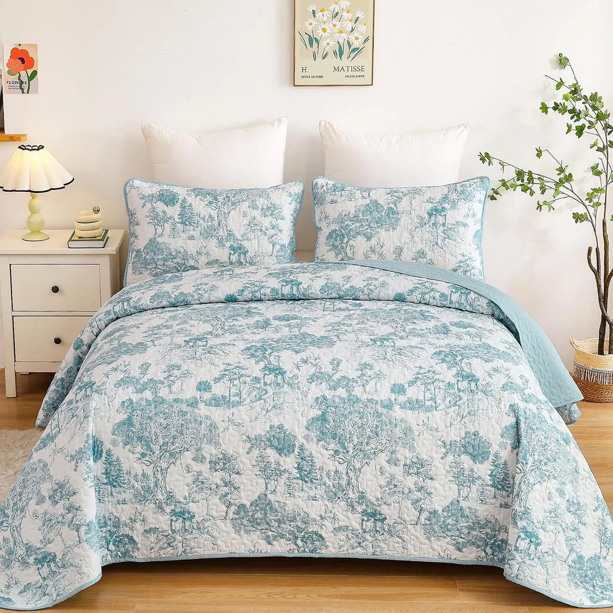 Blue Floral Botanical Serenity Bedspread Coverlet 3 Piece Set - Image 2