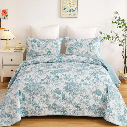 Blue Floral Botanical Serenity Bedspread Coverlet 3 Piece Set - Image 2