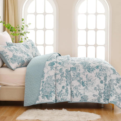 Blue Floral Botanical Serenity Bedspread Coverlet 3 Piece Set - Image 3