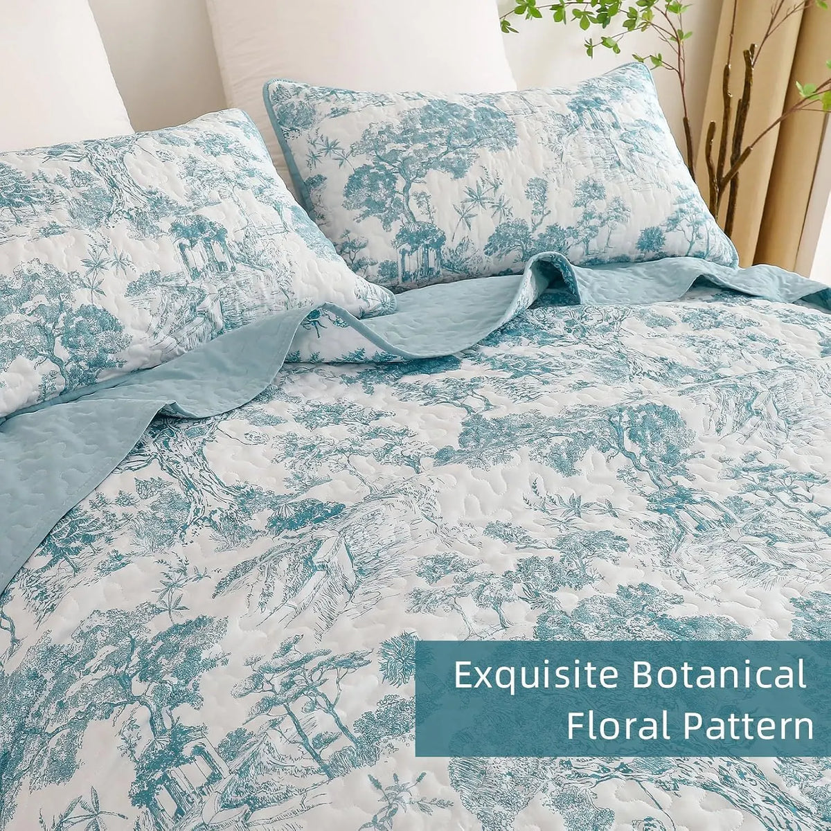 Blue Floral Botanical Serenity Bedspread Coverlet 3 Piece Set - Image 4