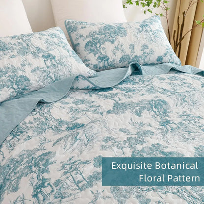 Blue Floral Botanical Serenity Bedspread Coverlet 3 Piece Set - Image 4